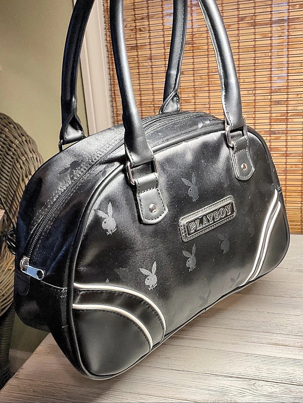 EUC PLAYBOY Black w White Y2K Bowler Bag Ghost Flash Bunny Rabbit Monogram